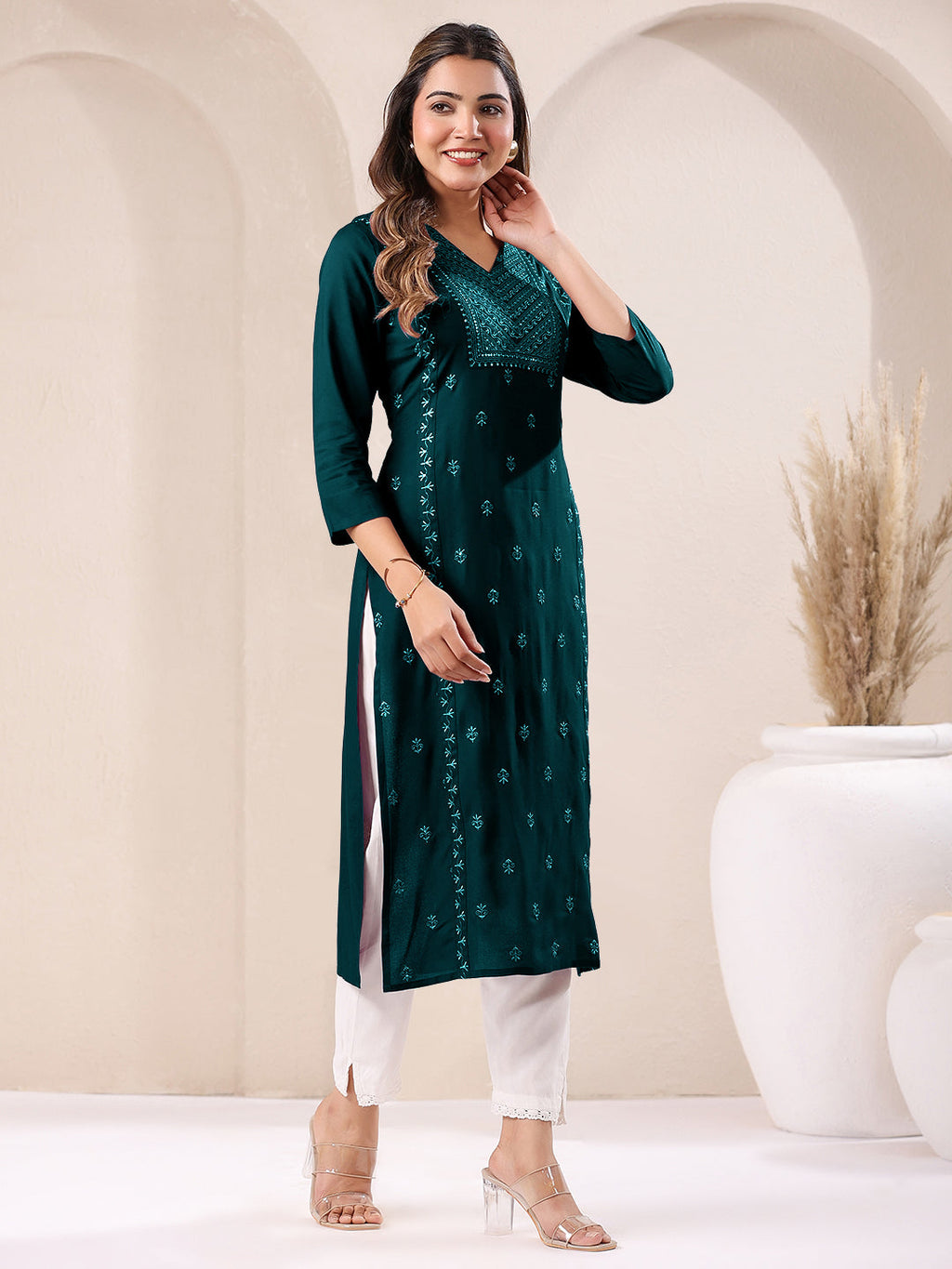 Janasya Dark Rayon Embroidered Straight Kurta | Grocsy