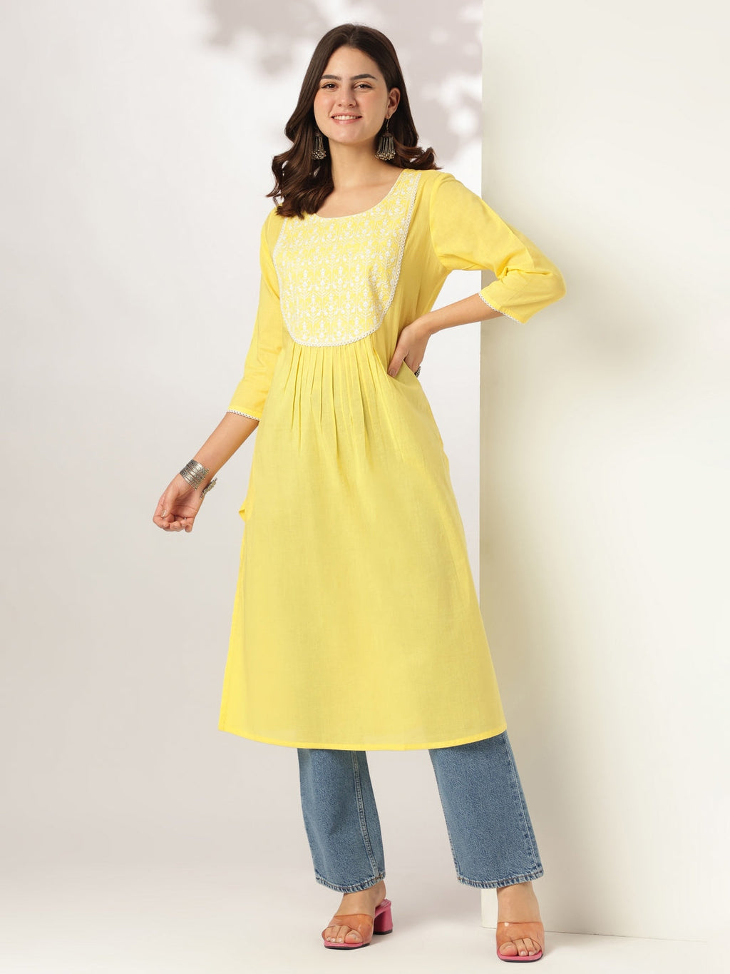 Janasya Light Cotton Yoke Embroidery A-Line Kurta | Grocsy