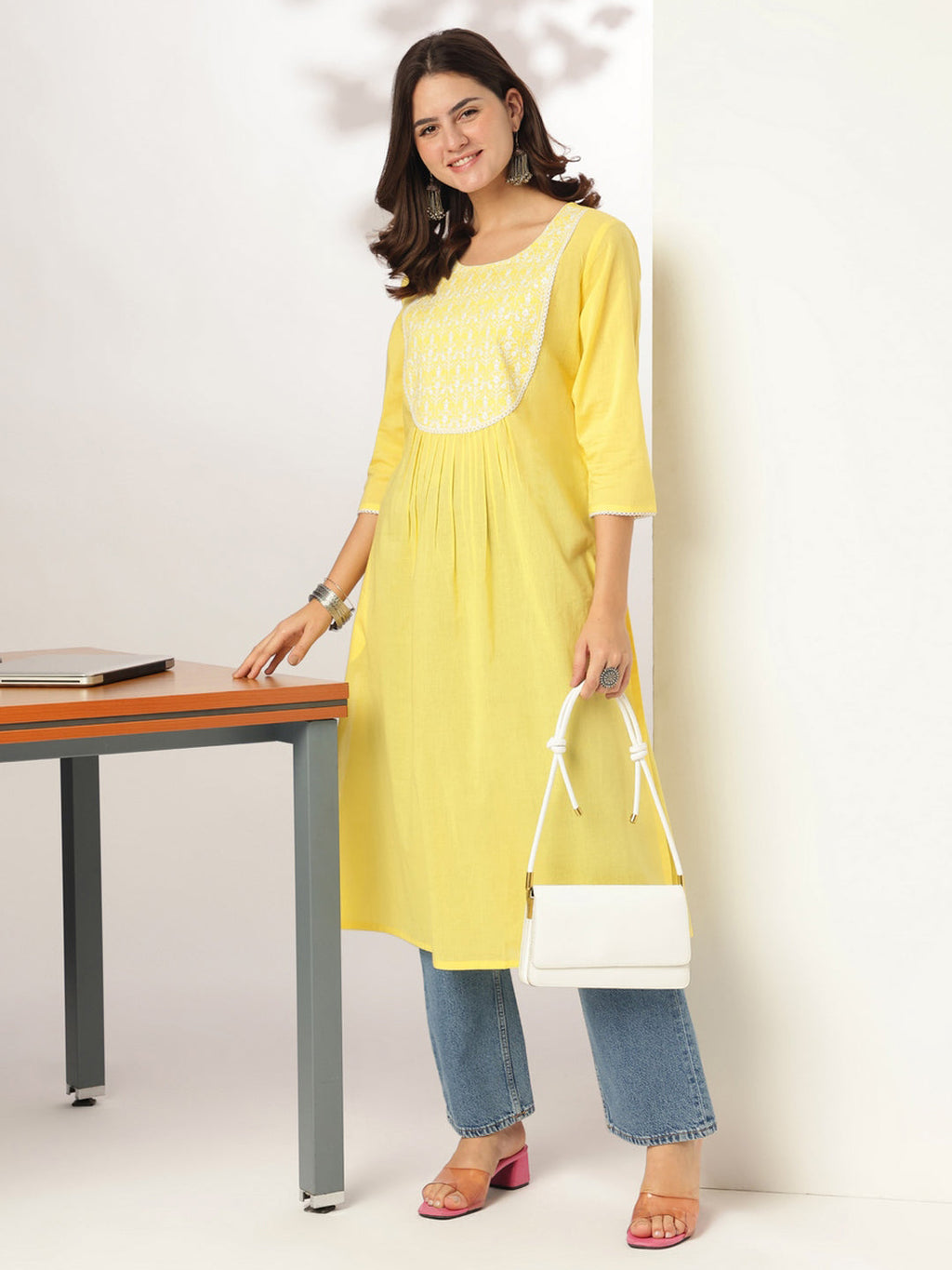 Janasya Light Cotton Yoke Embroidery A-Line Kurta | Grocsy