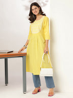 Janasya Light Cotton Yoke Embroidery A-Line Kurta | Grocsy