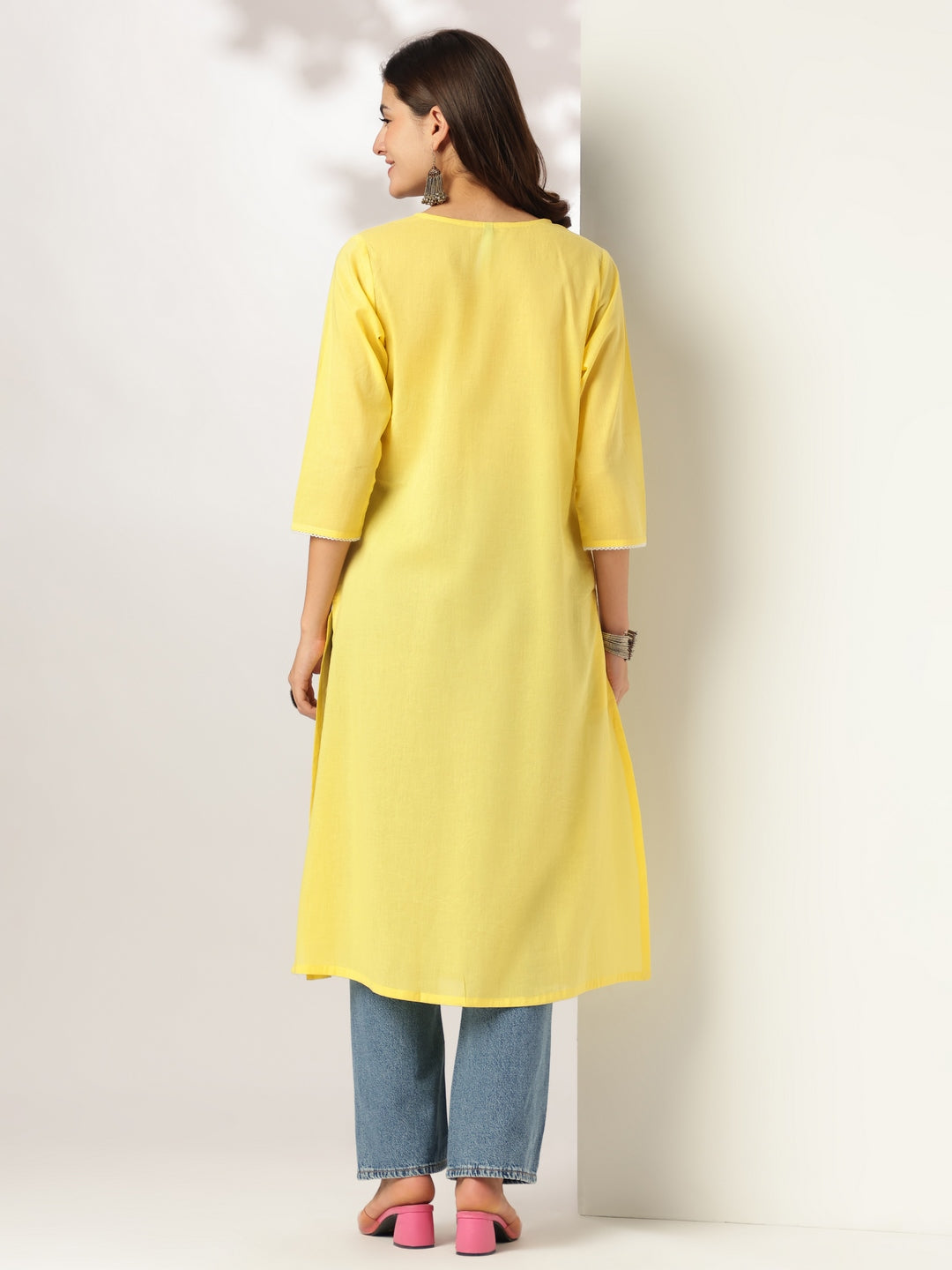 Janasya Light Cotton Yoke Embroidery A-Line Kurta | Grocsy
