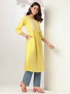 Janasya Light Cotton Yoke Embroidery A-Line Kurta | Grocsy