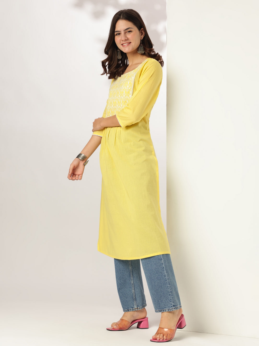Janasya Light Cotton Yoke Embroidery A-Line Kurta | Grocsy