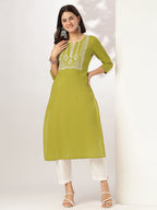 Janasya Dark Cotton Yoke Embroidery Straight Kurta | Grocsy
