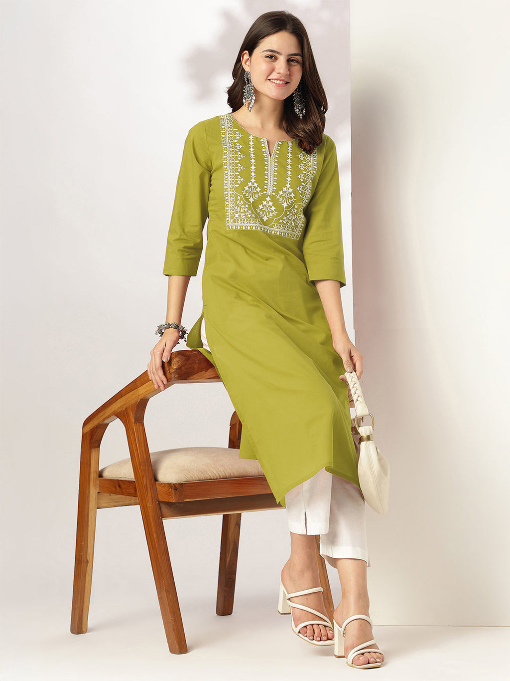 Janasya Dark Cotton Yoke Embroidery Straight Kurta | Grocsy