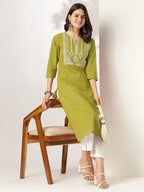 Janasya Dark Cotton Yoke Embroidery Straight Kurta | Grocsy