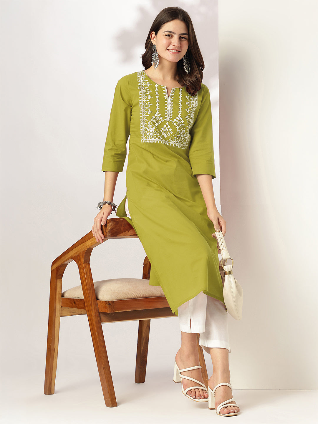 Janasya Dark Cotton Yoke Embroidery Straight Kurta | Grocsy