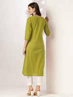 Janasya Dark Cotton Yoke Embroidery Straight Kurta | Grocsy
