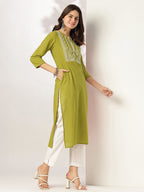 Janasya Dark Cotton Yoke Embroidery Straight Kurta | Grocsy