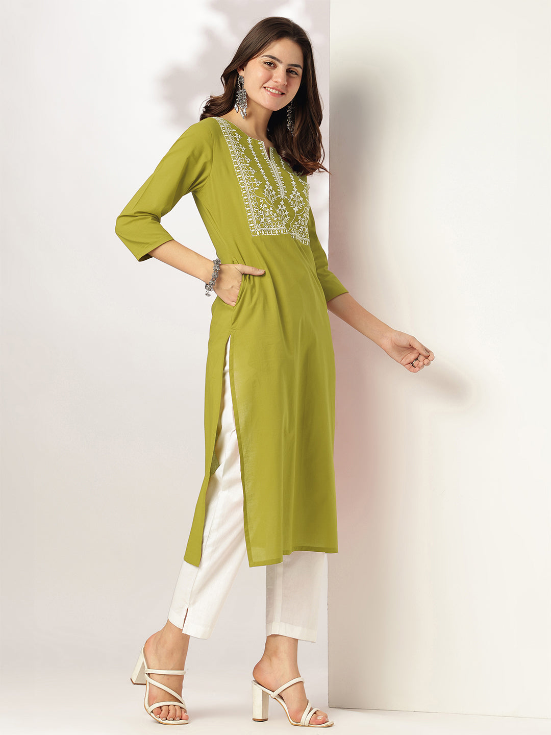 Janasya Dark Cotton Yoke Embroidery Straight Kurta | Grocsy