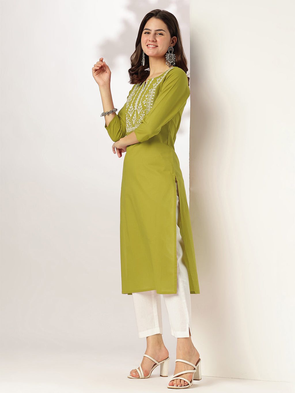 Janasya Dark Cotton Yoke Embroidery Straight Kurta | Grocsy