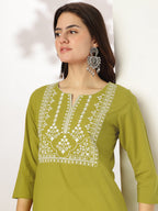 Janasya Dark Cotton Yoke Embroidery Straight Kurta | Grocsy
