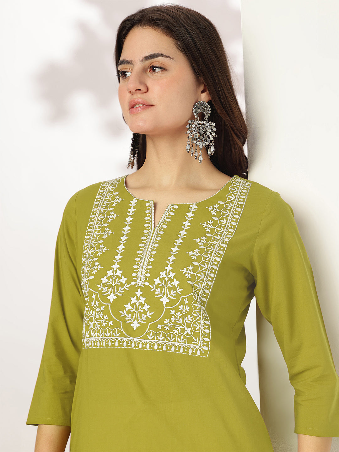 Janasya Dark Cotton Yoke Embroidery Straight Kurta | Grocsy