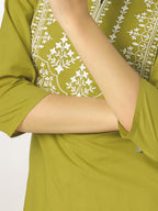 Janasya Dark Cotton Yoke Embroidery Straight Kurta | Grocsy