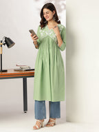 Janasya Light Cotton Yoke Embroidery A-Line Kurta | Grocsy