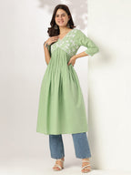 Janasya Light Cotton Yoke Embroidery A-Line Kurta | Grocsy