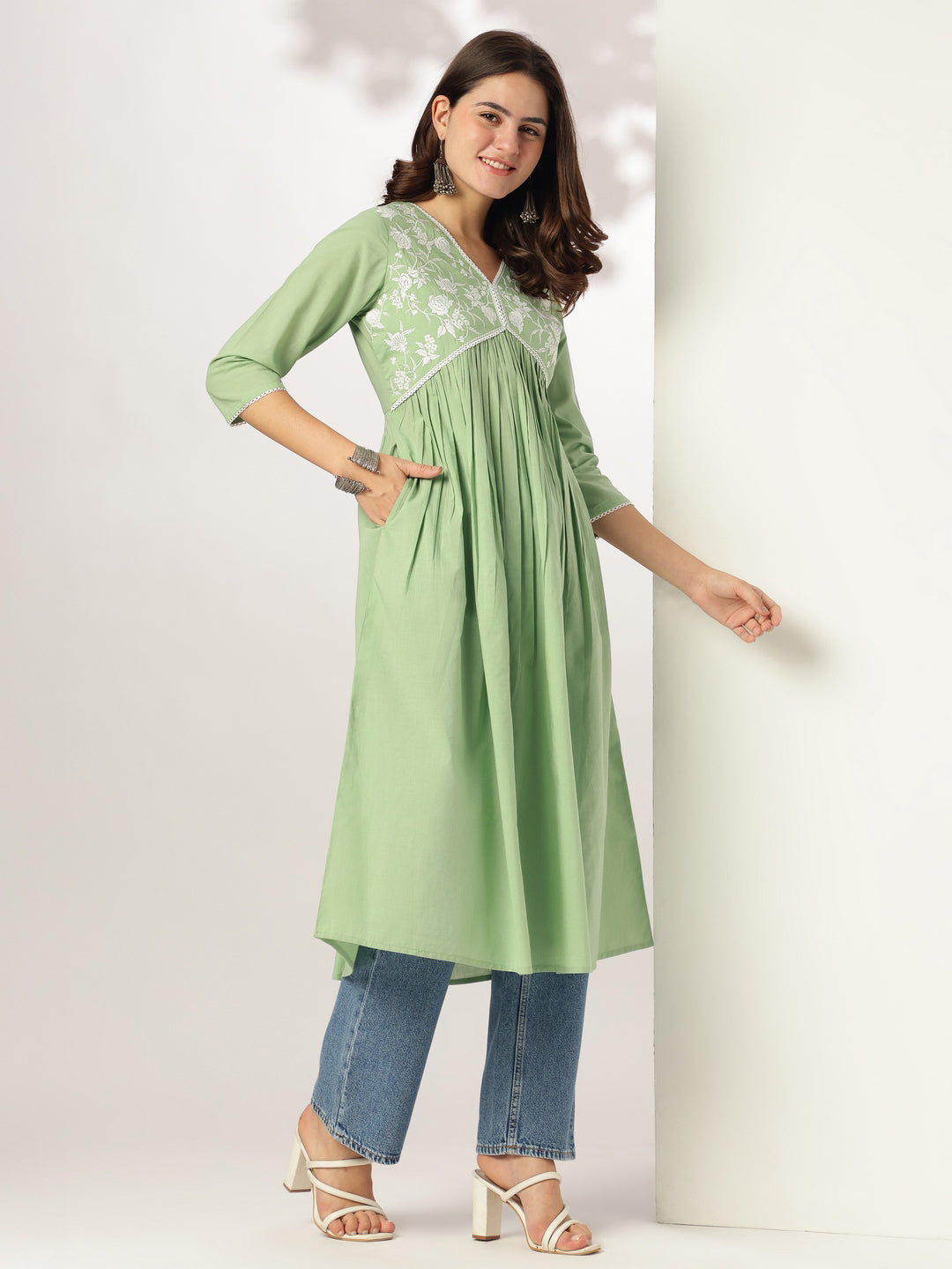 Janasya Light Cotton Yoke Embroidery A-Line Kurta | Grocsy