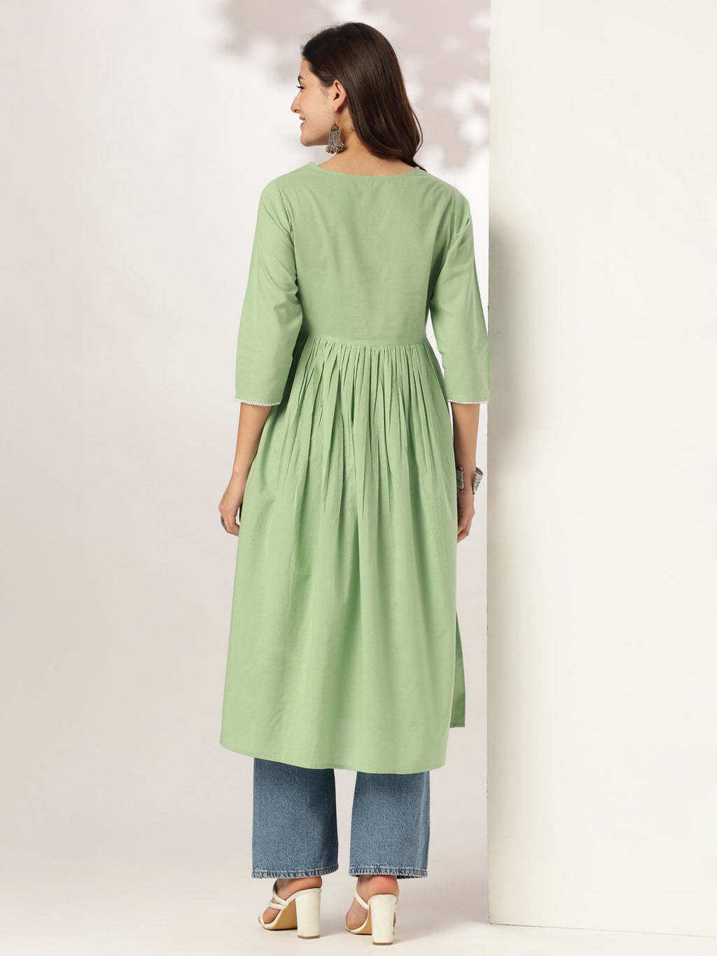Janasya Light Cotton Yoke Embroidery A-Line Kurta | Grocsy