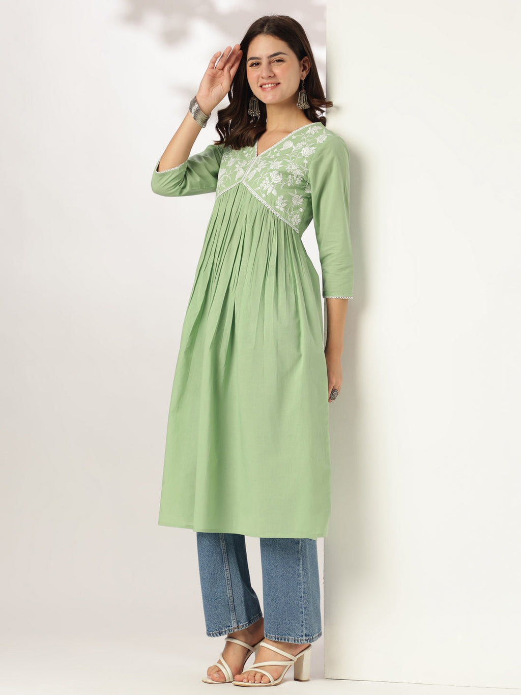 Janasya Light Cotton Yoke Embroidery A-Line Kurta | Grocsy