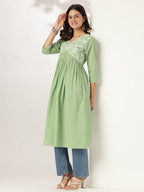 Janasya Light Cotton Yoke Embroidery A-Line Kurta | Grocsy