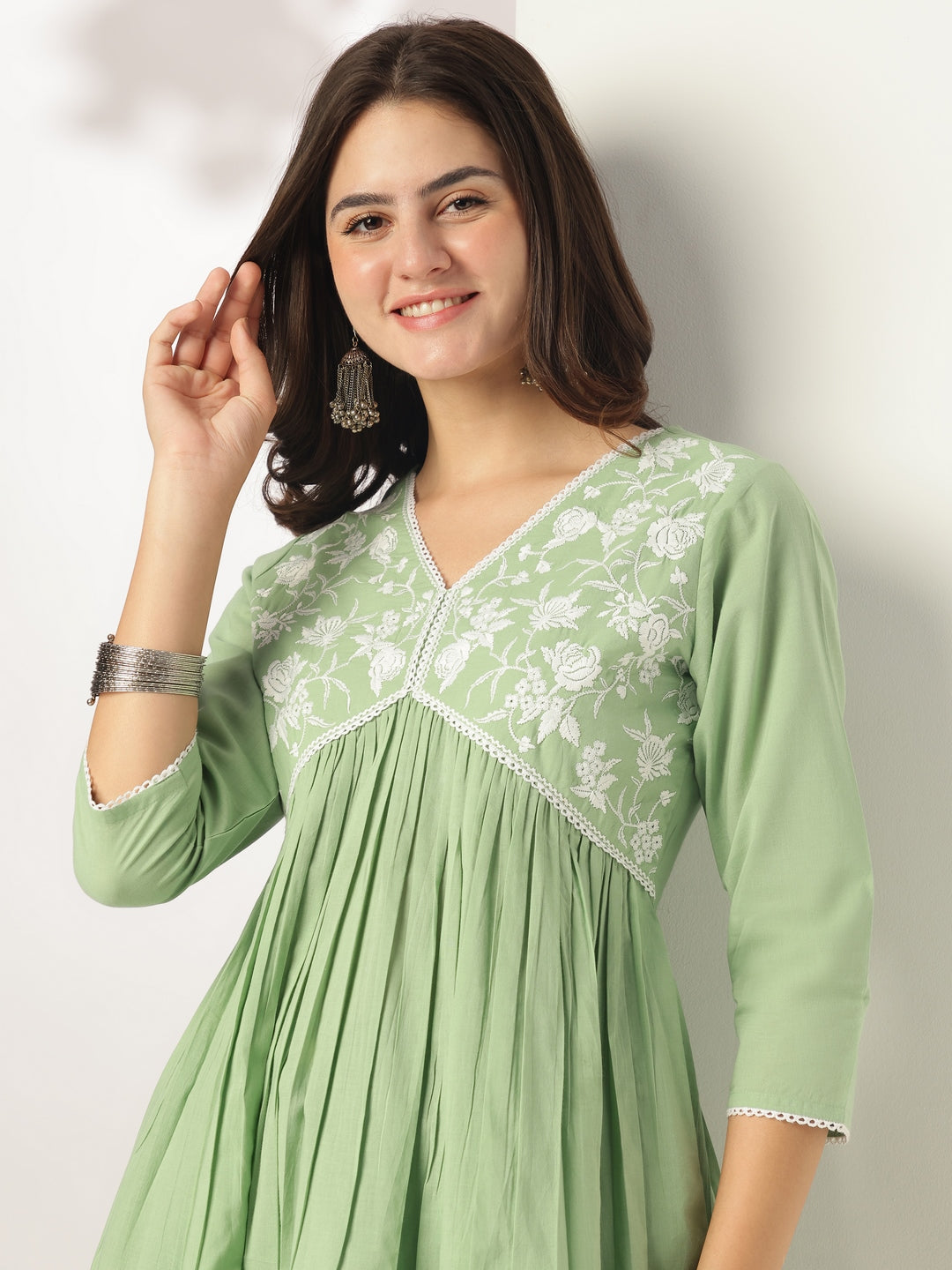 Janasya Light Cotton Yoke Embroidery A-Line Kurta | Grocsy