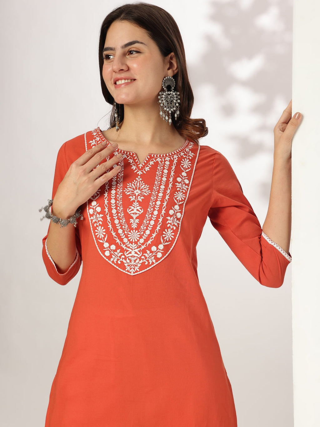 Janasya Dark Cotton Embroidered Straight Kurta | Grocsy