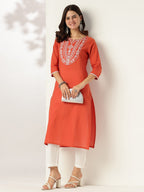Janasya Dark Cotton Embroidered Straight Kurta | Grocsy