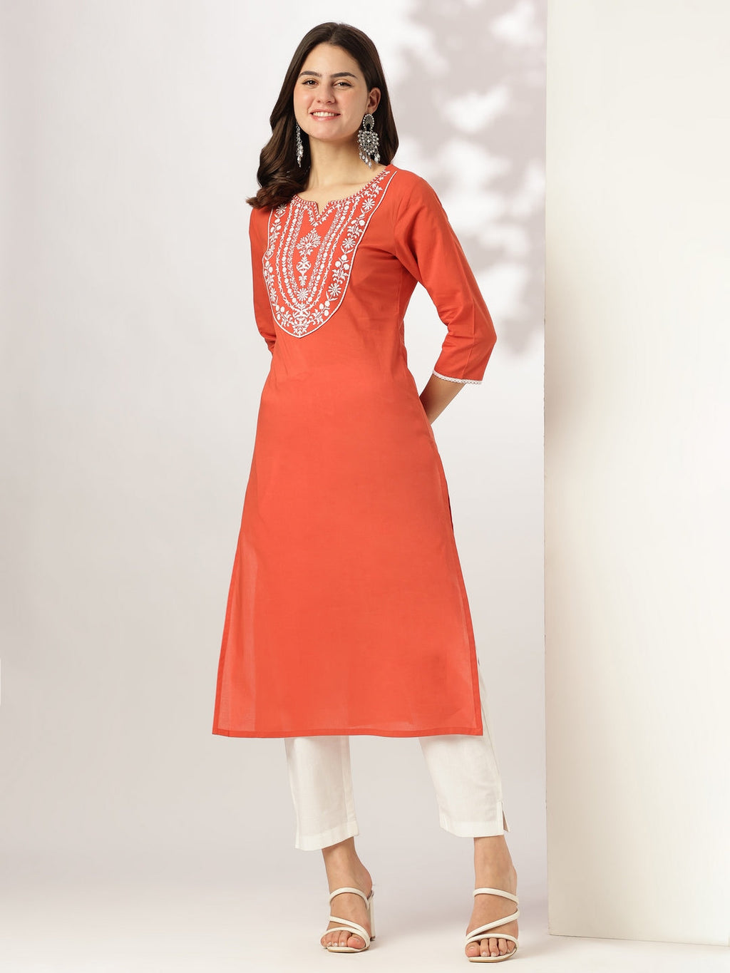 Janasya Dark Cotton Embroidered Straight Kurta | Grocsy