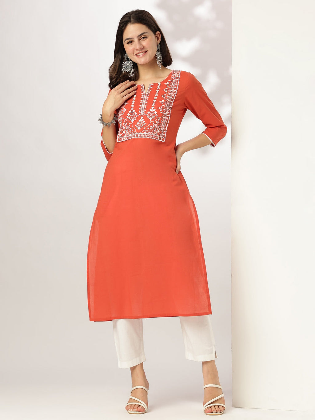 Janasya Dark Cotton Yoke Embroidery Straight Kurta | Grocsy