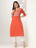 Janasya Dark Cotton Yoke Embroidery Straight Kurta | Grocsy