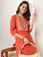 Janasya Dark Cotton Yoke Embroidery Straight Kurta | Grocsy
