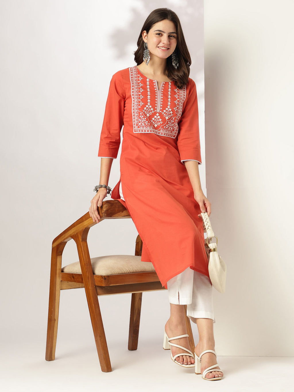 Janasya Dark Cotton Yoke Embroidery Straight Kurta | Grocsy