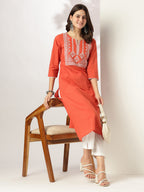 Janasya Dark Cotton Yoke Embroidery Straight Kurta | Grocsy