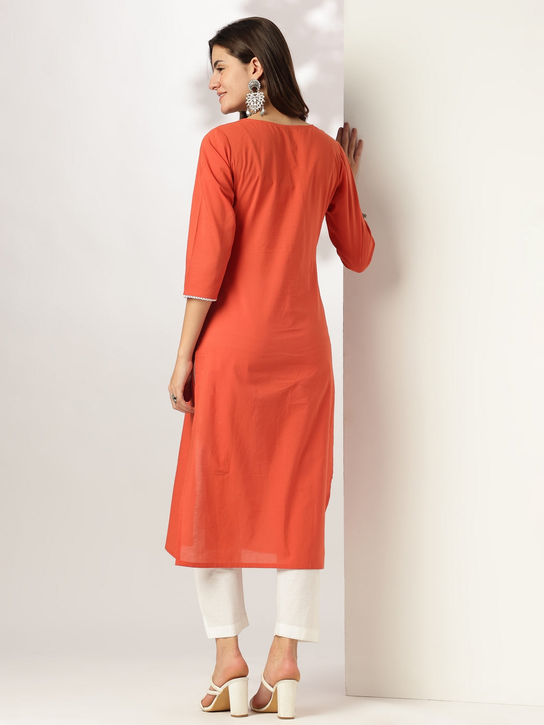 Janasya Dark Cotton Yoke Embroidery Straight Kurta | Grocsy