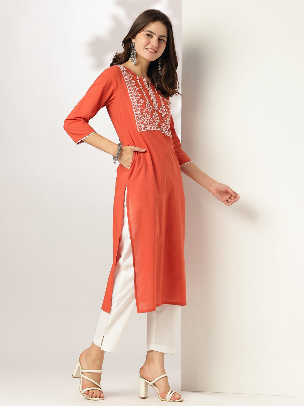 Janasya Dark Cotton Yoke Embroidery Straight Kurta | Grocsy