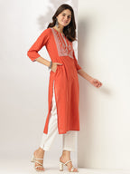 Janasya Dark Cotton Yoke Embroidery Straight Kurta | Grocsy