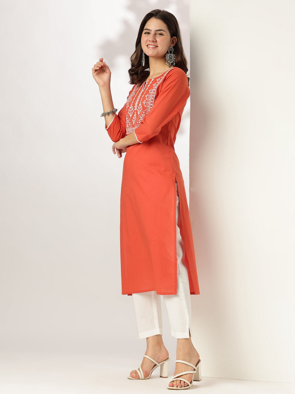 Janasya Dark Cotton Yoke Embroidery Straight Kurta | Grocsy