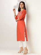 Janasya Dark Cotton Yoke Embroidery Straight Kurta | Grocsy