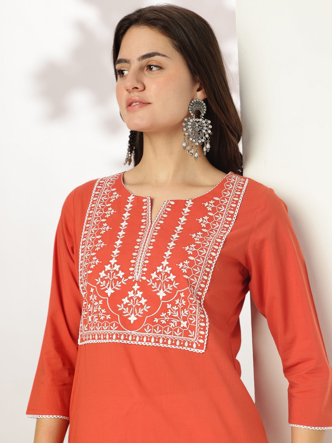 Janasya Dark Cotton Yoke Embroidery Straight Kurta | Grocsy