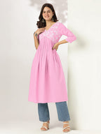 Janasya Light Cotton Yoke Embroidery A-Line Kurta | Grocsy