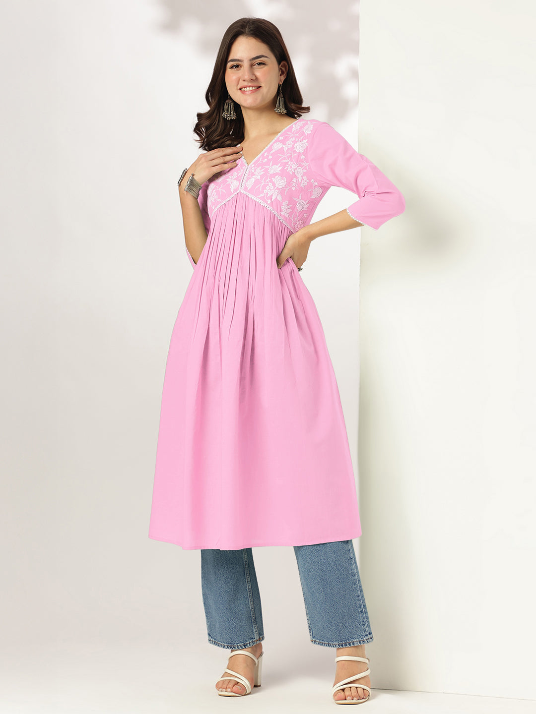 Janasya Light Cotton Yoke Embroidery A-Line Kurta | Grocsy