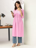 Janasya Light Cotton Yoke Embroidery A-Line Kurta | Grocsy