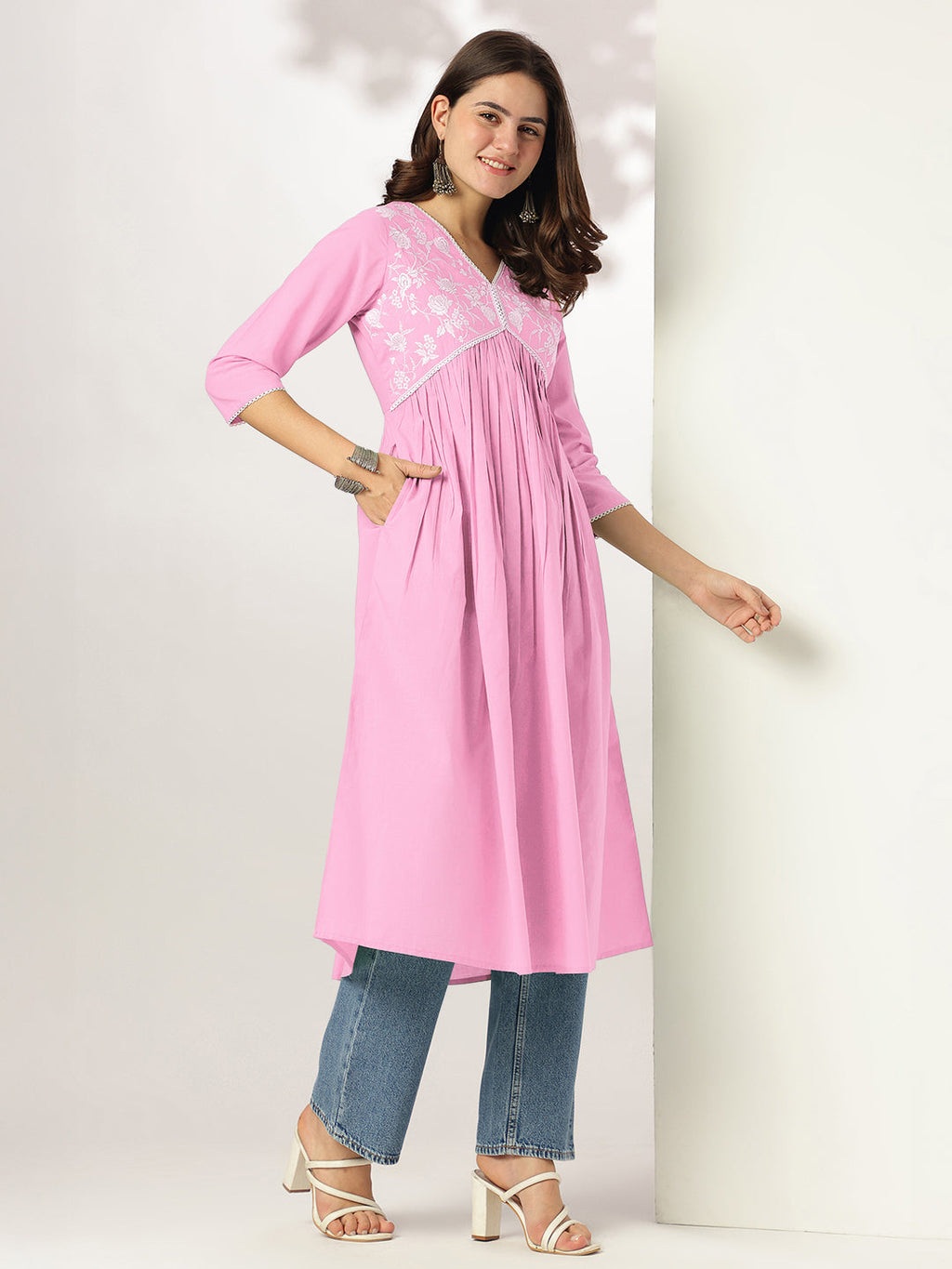 Janasya Light Cotton Yoke Embroidery A-Line Kurta | Grocsy