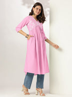Janasya Light Cotton Yoke Embroidery A-Line Kurta | Grocsy