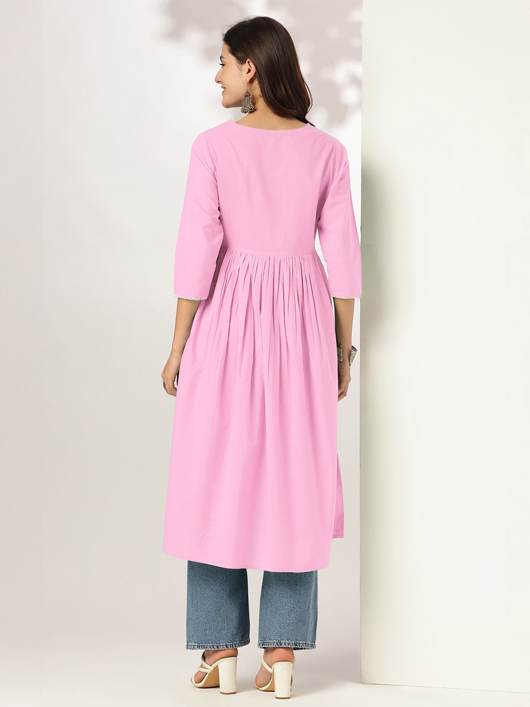 Janasya Light Cotton Yoke Embroidery A-Line Kurta | Grocsy