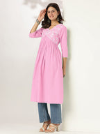 Janasya Light Cotton Yoke Embroidery A-Line Kurta | Grocsy