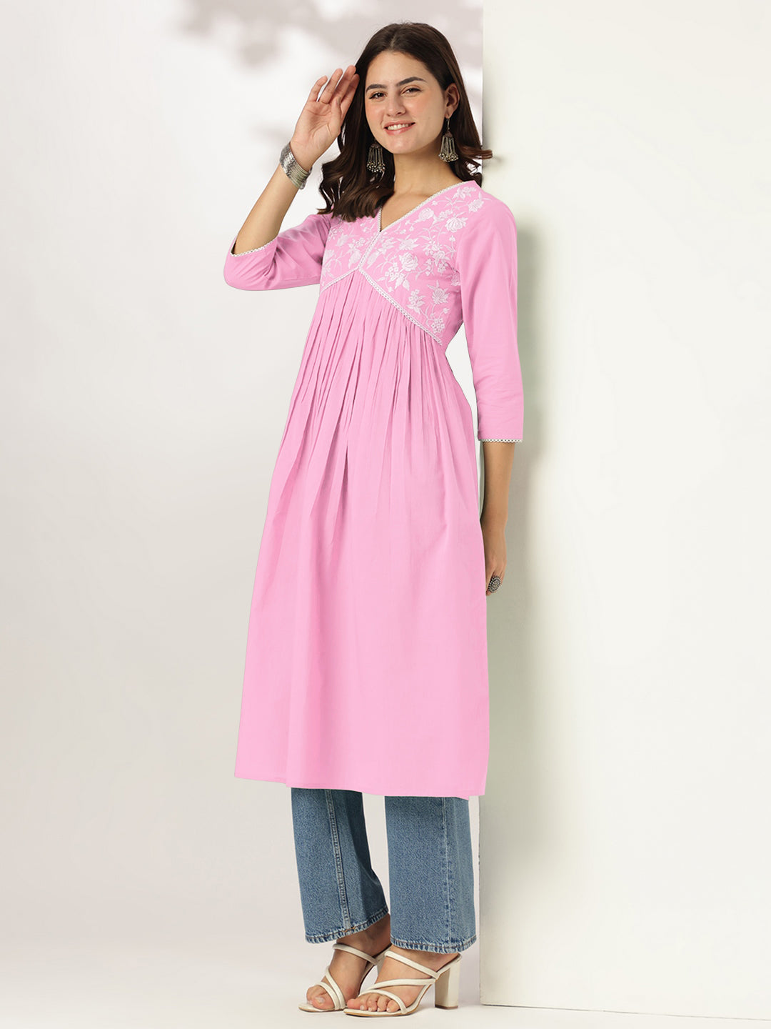 Janasya Light Cotton Yoke Embroidery A-Line Kurta | Grocsy