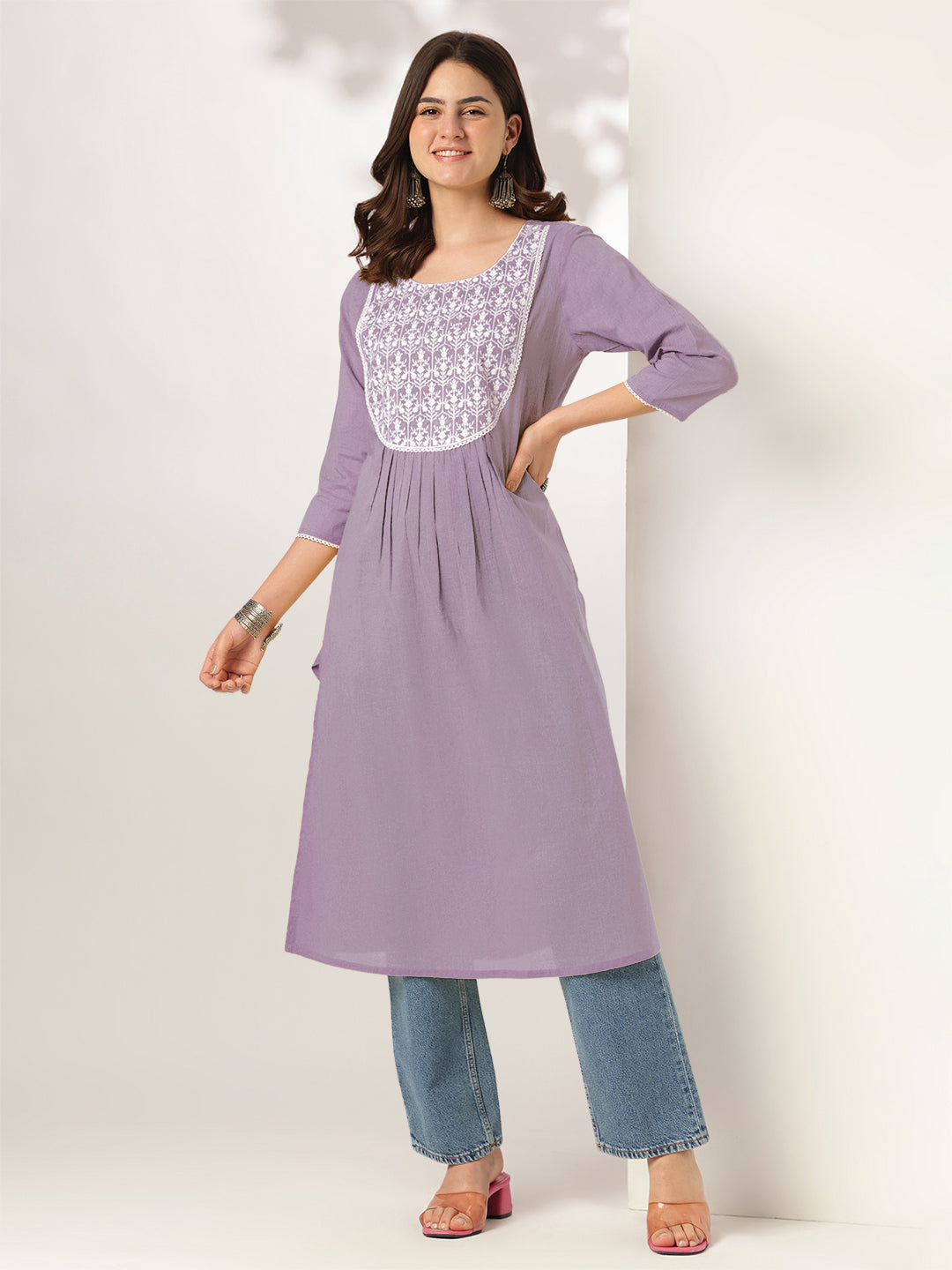 Janasya Light Cotton Yoke Embroidery Straight Kurta | Grocsy