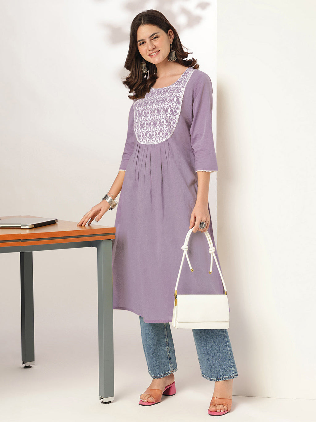 Janasya Light Cotton Yoke Embroidery Straight Kurta | Grocsy