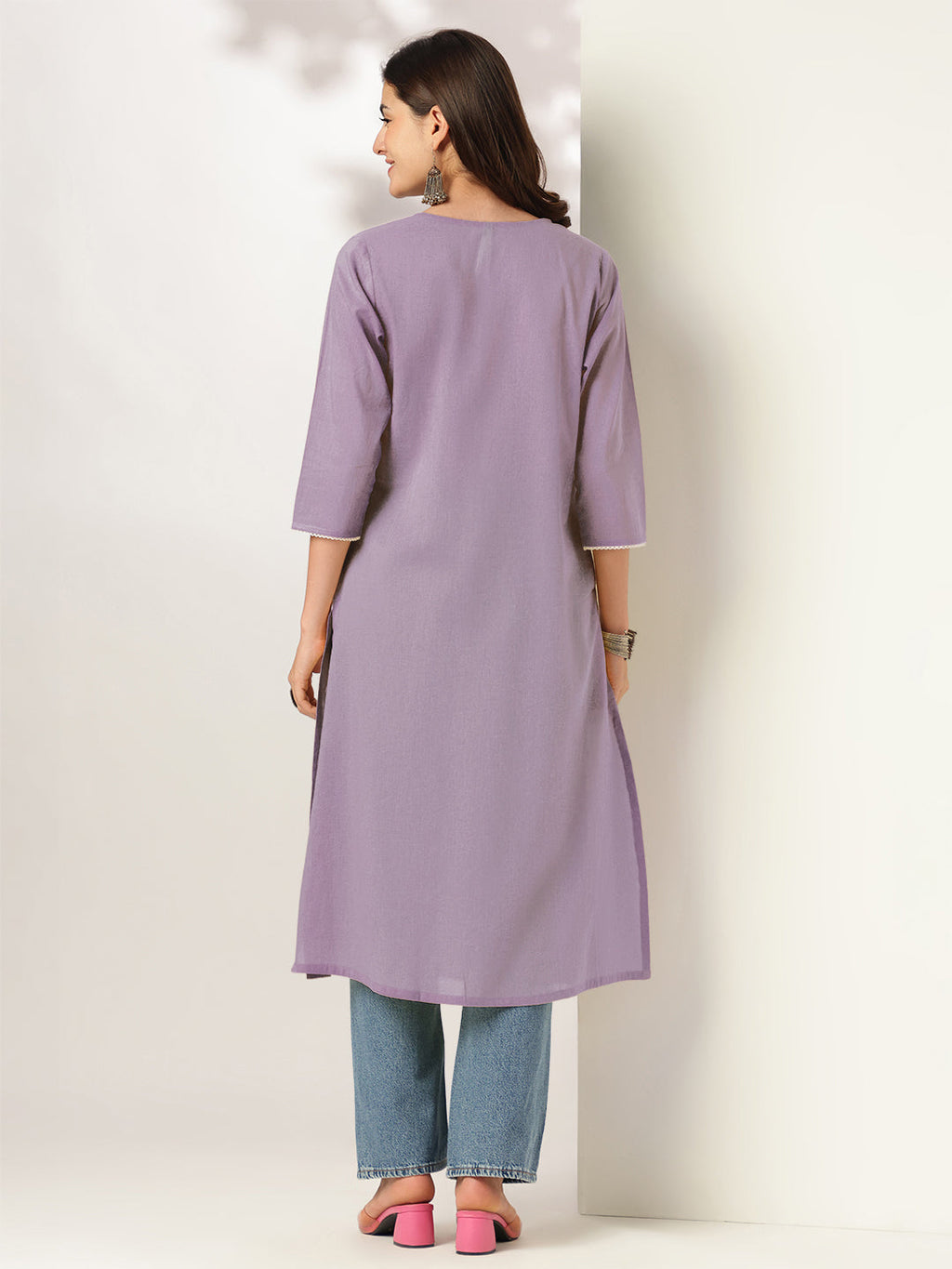 Janasya Light Cotton Yoke Embroidery Straight Kurta | Grocsy